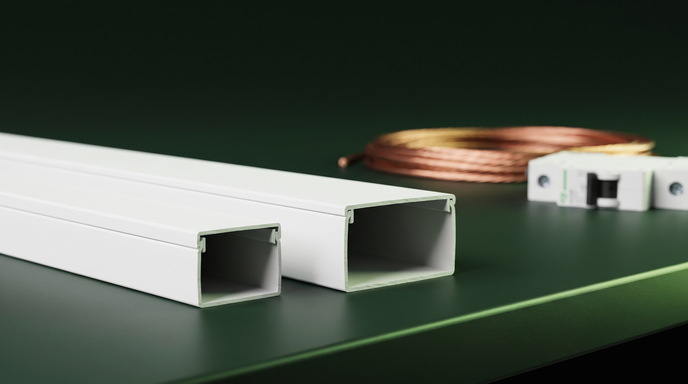 Two different sizes of white cable trunking; illustrative product image